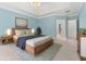 Spacious bedroom featuring tray ceiling, light blue walls, and natural light at 1439 Mill Pointe Ct, Lawrenceville, GA 30043