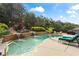 Backyard swimming pool with water features, surrounded by landscaped greenery and lounge chairs under a blue sky at 108 Summer Breeze Ln, Canton, GA 30114
