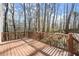 Inviting wooden deck with a railing offers a relaxing outdoor space surrounded by mature trees at 130 Cauley Club Ct, Johns Creek, GA 30097