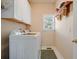 Functional laundry room with modern washer and dryer, ample storage, and natural light at 586 Devon Brooke Dr, Woodstock, GA 30188