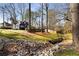 Backyard view features a blue home, mature trees, creek, and natural landscaping at 2858 Skyland Ne Dr, Brookhaven, GA 30341