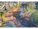 Aerial shot of a community with a pond, featuring a dock and surrounding trees at 3538 Lily Magnolia Ct, Buford, GA 30519