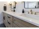 Close-up of bathroom vanity with double sinks, modern fixtures, and granite countertops at 7350 Brassfield Dr, Cumming, GA 30041
