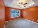 Bedroom featuring a tray ceiling, ceiling fan, neutral walls, and a large window providing natural light at 175 Stillwood Dr, Fayetteville, GA 30215