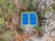 Aerial view of well-maintained blue and green tennis courts surrounded by lush trees at 3084 Brookshire Way Way, Duluth, GA 30096