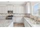 Modern kitchen featuring granite countertops, gray cabinets, and stainless steel sink at 7783 Hansel Ln, Lithonia, GA 30058