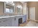 Bathroom featuring double vanity with gray cabinets, granite countertop, tile floor, and modern fixtures at 596 Whitby Dr, Douglasville, GA 30134