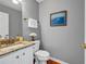 Charming powder room features granite countertops, white cabinetry, and a decorative painting at 22107 Harvest Ridge Ln # 22, Alpharetta, GA 30022