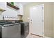 Modern laundry room with stainless steel washer and dryer and white cabinets at 316 Cranmore Pl, Villa Rica, GA 30180