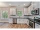 Modern kitchen features white cabinets, stainless steel appliances, and dark countertops at 1511 New Hope Rd, Locust Grove, GA 30248