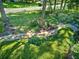 Landscaped front yard featuring a stone pathway, lush greenery, and mature trees at 4696 Dunover Cir, Dunwoody, GA 30360