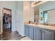 Well-lit bathroom features a double sink vanity with gray cabinets and a walk-in closet at 117 Kiara Ln, Stockbridge, GA 30281