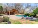 Beautiful pool area with a cabana, lush landscaping, and a serene ambiance, creating a perfect outdoor retreat at 6715 Brookline Ct, Cumming, GA 30040