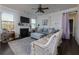 Comfortable living room offers a fireplace, ceiling fan, plush seating and plenty of natural light at 4675 Dandelion Way, Cumming, GA 30040