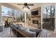 Comfortable covered brick patio with fireplace, tv and outdoor seating area at 411 Johnson Ct, Alpharetta, GA 30009