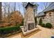 Outdoor stone fireplace with decorative lanterns and a stone patio, perfect for enjoying the outdoors at 225 Dovecrest Dr, Atlanta, GA 30305