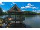 Close-up view of a charming lake gazebo set against a backdrop of blue skies and calm waters at 330 Peninsula Pt, Canton, GA 30115