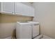 A functional laundry room with white cabinets and modern washer and dryer units at 13029 Dartmore Ave, Alpharetta, GA 30005
