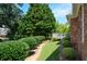 Backyard and view of brick home surrounded by lush green landscaping and mature trees at 2392 Ivy Mountain Dr, Snellville, GA 30078
