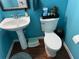Compact half-bathroom featuring a pedestal sink, toilet, and wood-look flooring at 3302 Willow Meadow Ln, Douglasville, GA 30135