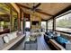Inviting covered patio boasts a stone fireplace, ceiling fan, and comfortable seating arrangements at 5340 Cole Creek Ln, Cumming, GA 30040