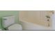 A white toilet and shower/tub combo are shown in this bathroom at 110 Eastfield Ct, Mcdonough, GA 30252