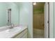 A bathroom sink with large mirror is situated by a door to the shower and toilet room at 110 Eastfield Ct, Mcdonough, GA 30252