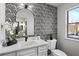 Stylish powder room with decorative wallpaper, modern mirror and fixtures at 1628 Links Overlook, Stone Mountain, GA 30088