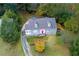 An aerial view showcasing a gray house with a vibrant red door, complemented by a lush green lawn at 6596 Wright Rd, Atlanta, GA 30328