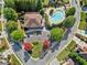 Aerial view showcases community pool with manicured lawns and green trees at 1965 Carlotta Ct, Atlanta, GA 30345