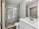 Modern bathroom with a glass-enclosed shower and a white quartz vanity at 1246 Bell Ave, East Point, GA 30344
