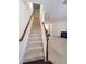 Carpeted staircase leading to the second floor, with wood railing and a view of the living room at 4215 Wildener Way, Cumming, GA 30041