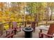 Cozy back deck furnished with Adirondack chairs and a round fire table, surrounded by colorful autumn trees at 5322 Seaton Dr, Dunwoody, GA 30338