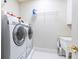 Functional laundry room with modern washer and dryer, utility sink, and shelving, perfect for household tasks at 3448 Paces Ferry Cir, Smyrna, GA 30080