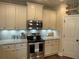 Close up of the kitchen with granite countertops, stainless steel appliances, white cabinets and tile backsplash at 3624 Peeksville Rd, Locust Grove, GA 30248