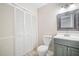 Cozy bathroom with white toilet, grey vanity, and a neutral wall paint at 407 Paper Mill Lndg, Roswell, GA 30076