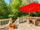 Beautiful wood deck with a bright red umbrella and green tree backdrop for outdoor relaxation and comfort at 3621 Sutters Pond Way, Kennesaw, GA 30152