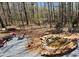 Backyard with pond, fire pit, crushed gravel and wooden chairs at 15 Winterville Dr, Rockmart, GA 30153
