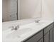 A bathroom featuring double sinks with gray cabinets at 1079 Blue Juniper Cir, Loganville, GA 30052