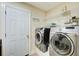 Laundry room features modern washer and dryer, white shelving, and door leading to other areas at 1603 Drowning Creek Rd, Dacula, GA 30019