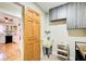 View of the laundry room from an open door that features gray cabinets, a utility sink and ample storage at 1603 Drowning Creek Rd, Dacula, GA 30019
