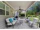 Covered outdoor patio with comfortable seating, ceiling fan, and views of the landscaped backyard at 2196 Abbott Dr, Buford, GA 30519