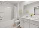 Bright bathroom featuring double sinks, white counters, and a shower/tub combo with a white shower curtain at 3081 Greyton Dr, Buford, GA 30519