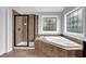 A luxurious bathroom features a walk-in shower and a large soaking tub with elegant tile surround and stained glass windows at 48 Scenic Ovlk, Acworth, GA 30101