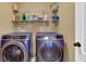Laundry room with front load washer and dryer and storage shelves for organizing supplies at 48 Scenic Ovlk, Acworth, GA 30101