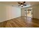 Bedroom with new floors and ceiling fan, adjacent to a covered patio at 1395 W Booth Road Sw Ext, Marietta, GA 30008