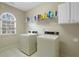 Efficient laundry room with washer, dryer, storage, and natural light from a window at 1903 Brackendale Nw Rd, Kennesaw, GA 30152