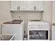 Laundry room area with white cabinets and appliances, offering modern convenience at 5712 Overlook Cir, Powder Springs, GA 30127