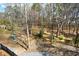 View of wooded backyard with stream, playhouse, and potential garden; the yard is partially fenced at 1583 Mosaic Way, Smyrna, GA 30080