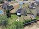 Aerial shot of a well-maintained property with a private pool, landscaped yard, and mature trees at 477 Glouchester Dr, Locust Grove, GA 30248